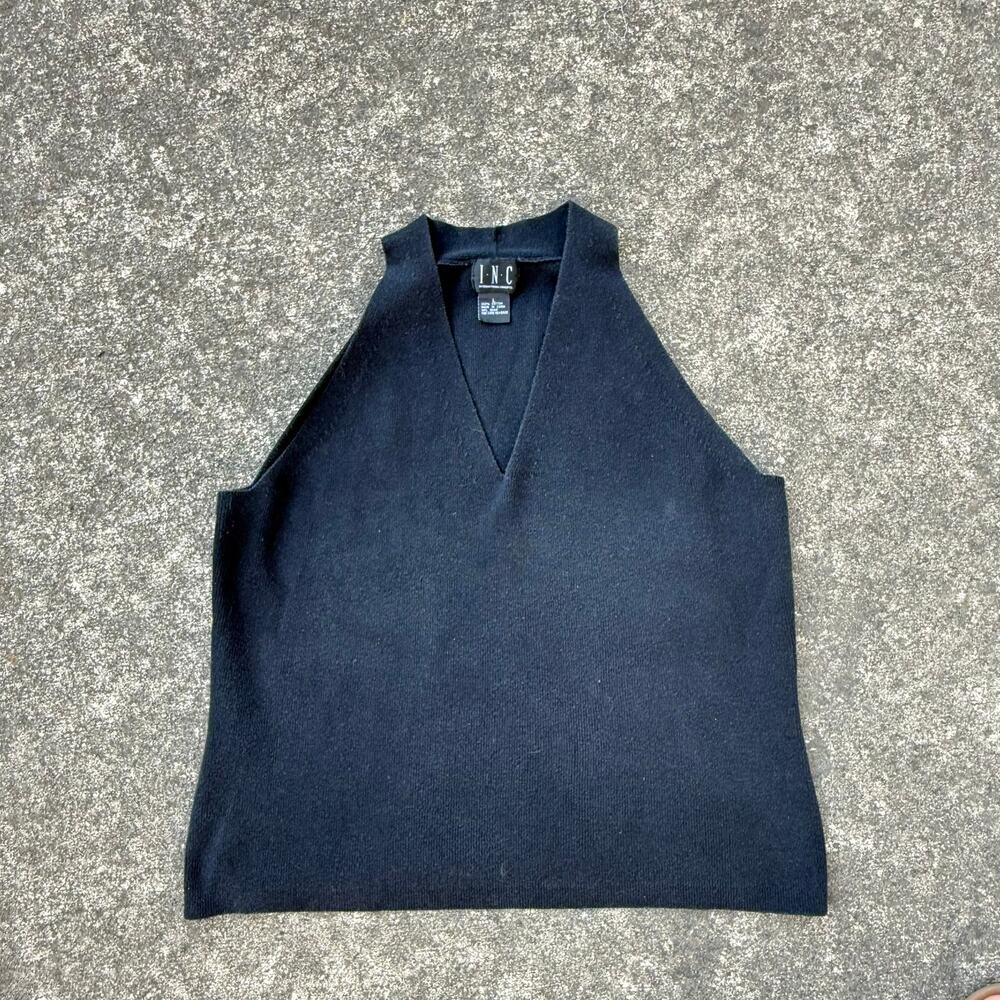 INC Halter Sweater Tank Top Vintage 90s Womens Size Large Black Cotton Knit Vest